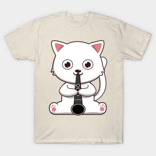 Cute White Cat Playing The Clarinet T-Shirt